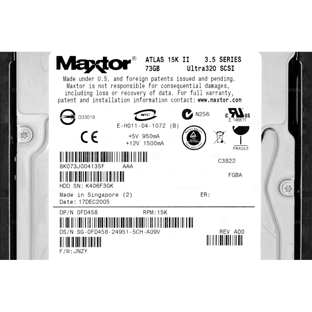 FD458 DELL HDD 73GB 15K U320 SCSI 3.5" LFF FOR DELL POWEREDGE