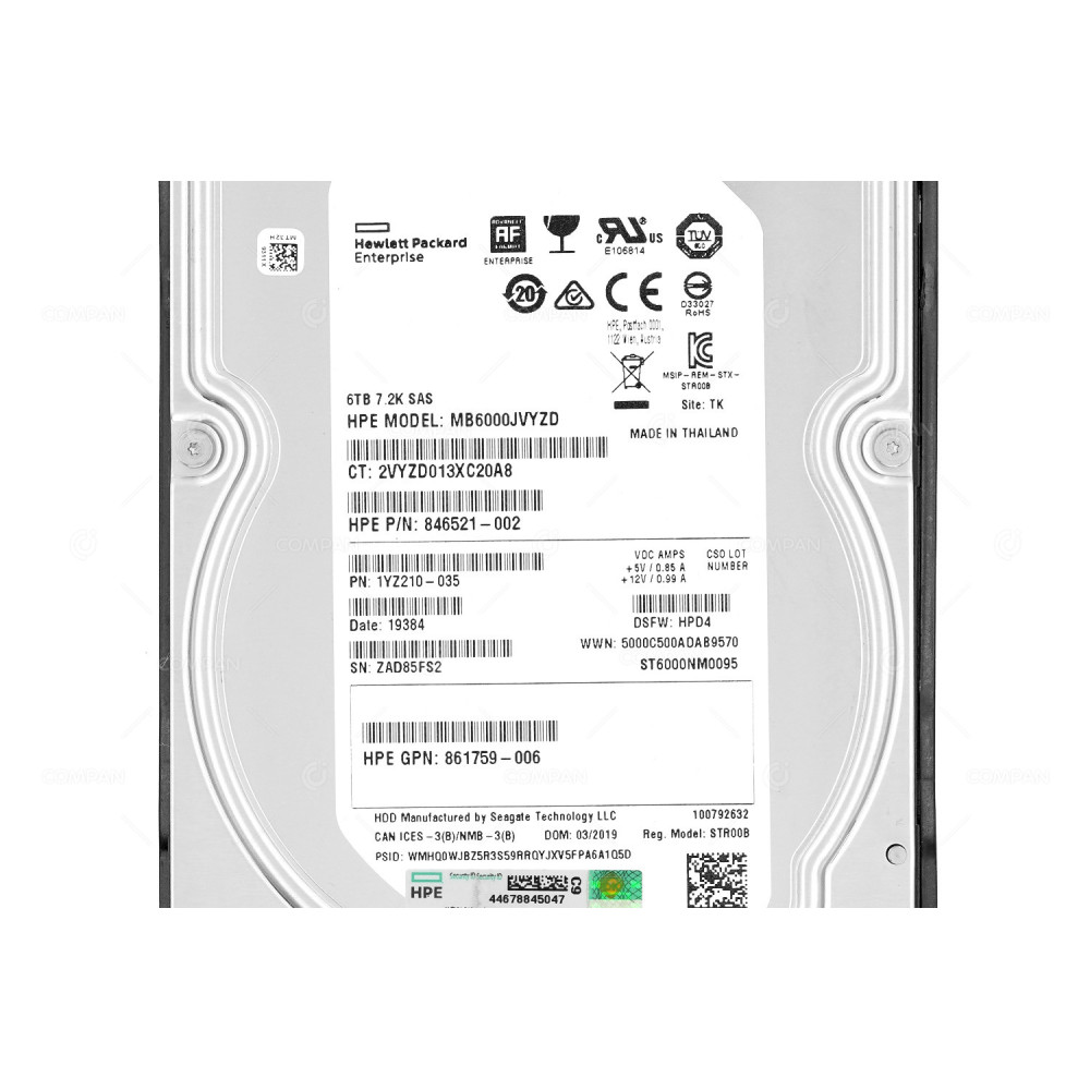 862136-001  HP HDD 6TB 7.2K SAS 12G 3.5" LFF FOR HPE PROLIANT ML350 G10