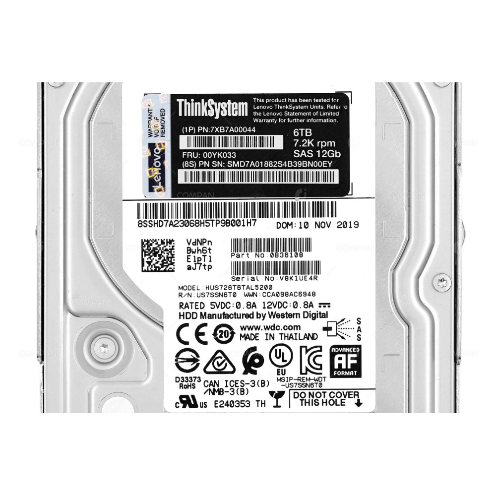 00YK033  LENOVO 6TB 7.2K 12G SAS 3.5 LFF HARD DRIVE FOR THINKSYSTEM