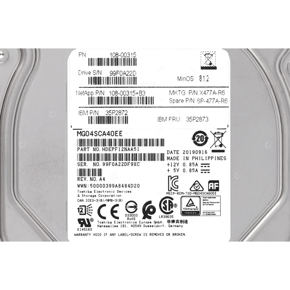 X477A-R6 NETAPP HDD 4TB 7.2K SAS 6G 3.5" LFF HOT-SWAP FOR DS4246