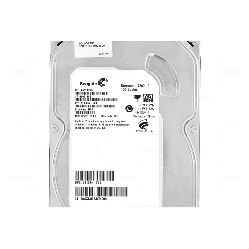 504336-001  HP HARD DRIVE 160GB 7.2K 3G 3.5 LFF SATA