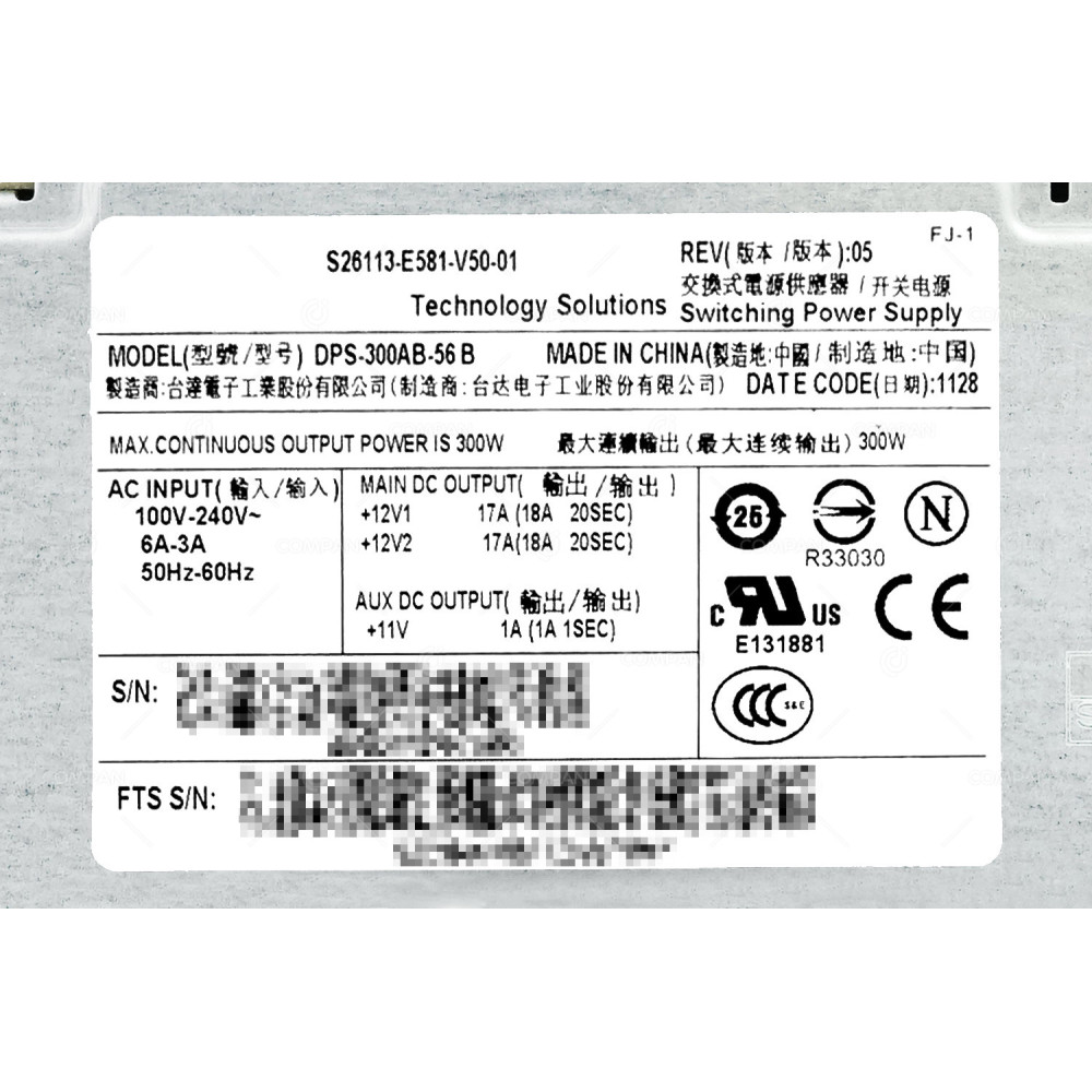 S26113-E581-V50-01  FUJITSU POWER SUPPLY 300W 240V FOR TX1330 M3
