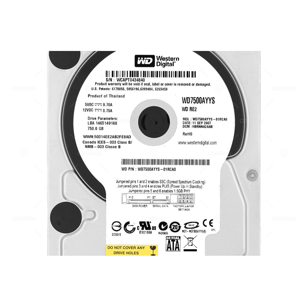 WD7500AYSS  WD 750GB 7.2K 3G SATA 3.5 LFF HARD DRIVE