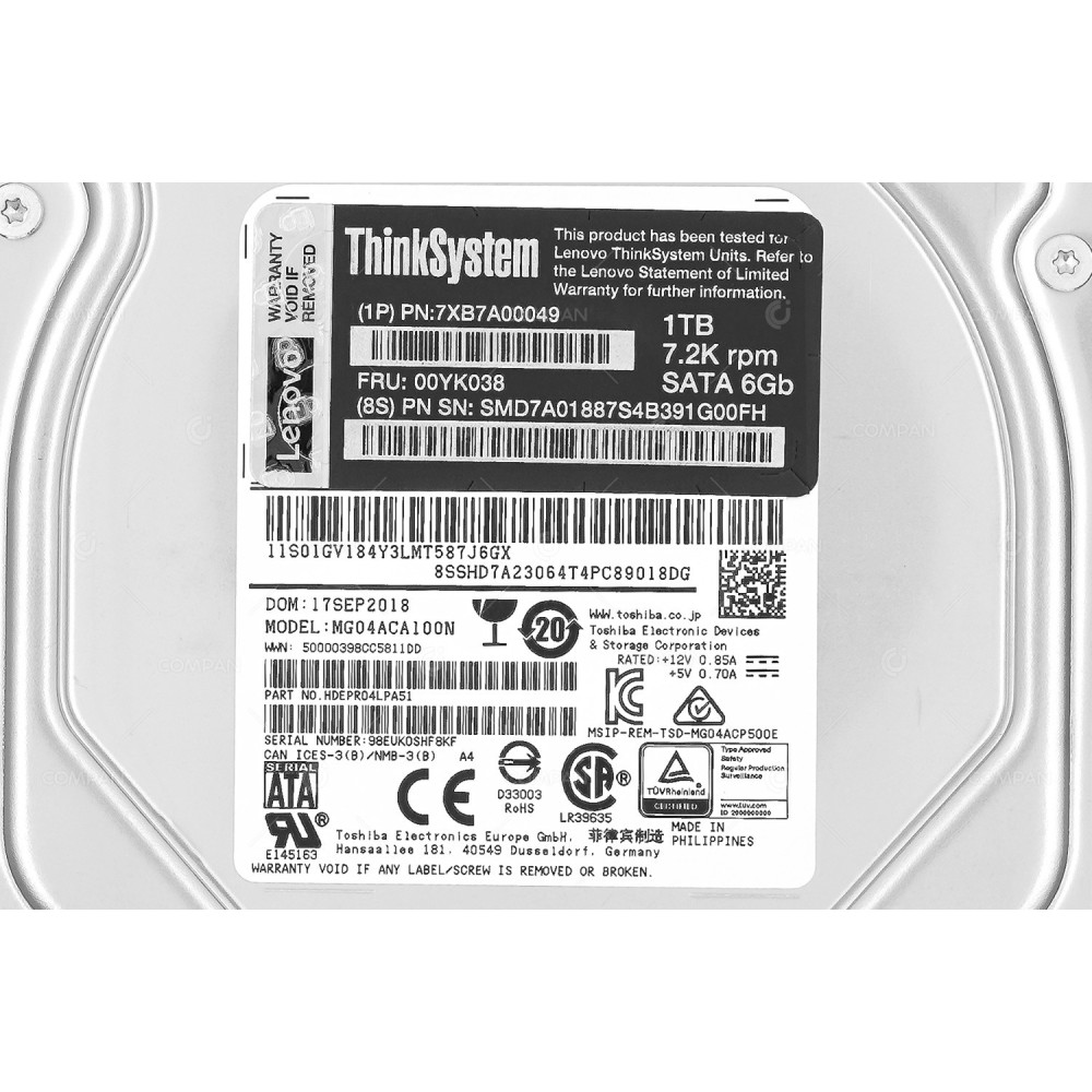00YK038  LENOVO 1TB 7.2K 6G SATA 3.5 LFF HARD DRIVE FOR THINKSYSTEM