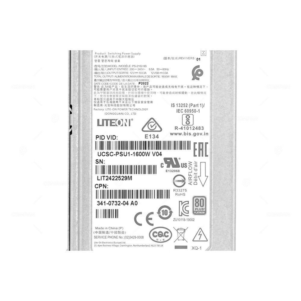 341-0732-04  CISCO 1600W POWER SUPPLY 80 PLUS PLATINUM FOR HX240C UCS C240 M4 M5