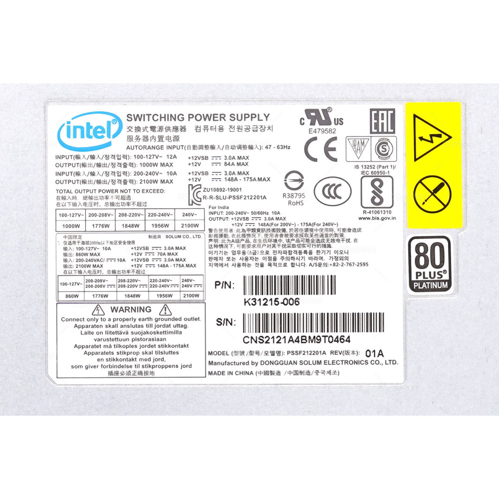 K31215-006  INTEL POWER SUPPLY 80 PLUS PLATINUM 2100W 240V FOR FC2HAC21W3