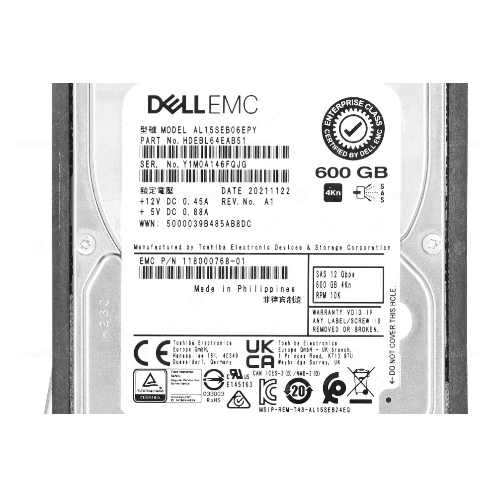 005053151  EMC HDD 600GB 10K SAS 12G 2.5" FOR EMC UNITY XT380 XT480 XT680 XT880