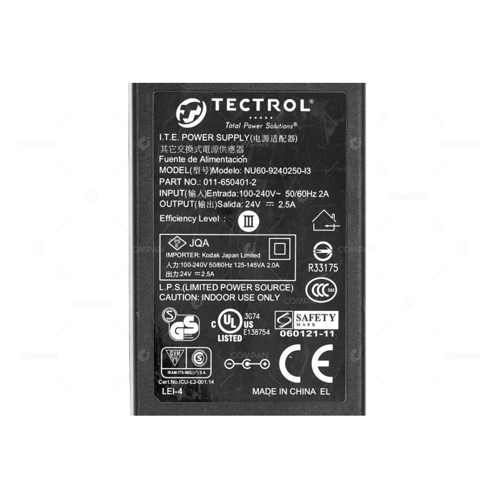011-650401-2 AC ADAPTER TECTROL 24V 2.5A NU60-9240250-I3