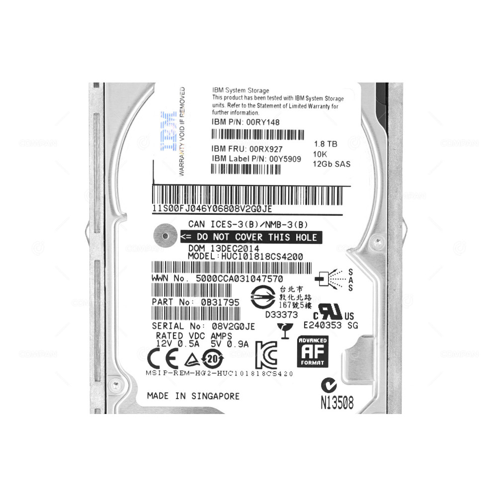 00RX927  IBM HARD DRIVE 1.8TB 10K 12G SAS 2.5 SFF HOT-SWAP FOR V3700