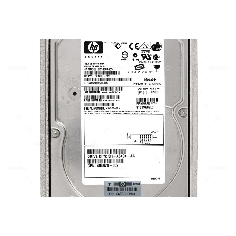 404708-001 HP HDD 146GB 10K U320 SCSI 3.5": LFF HOT-SWAP