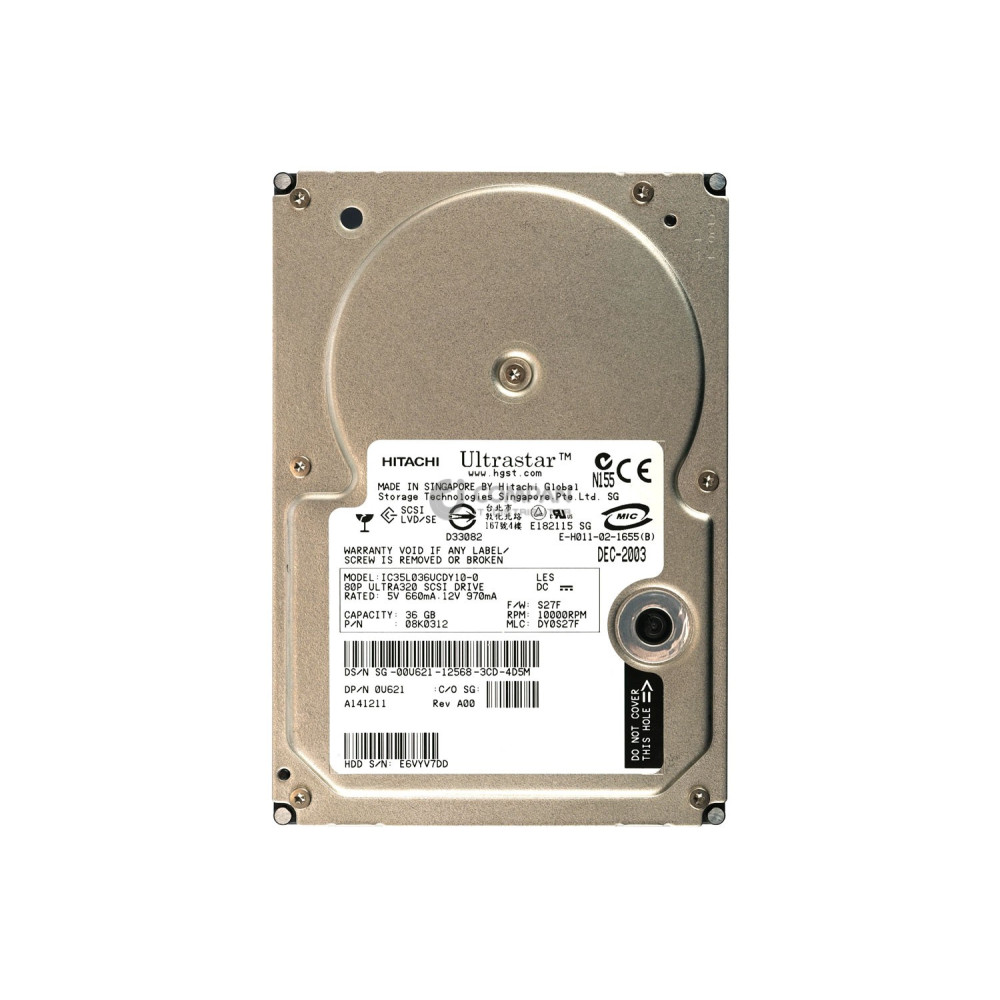 0U621 DELL HARD DRIVE 36GB 10K 3.5 U320 SCSI 80PIN
