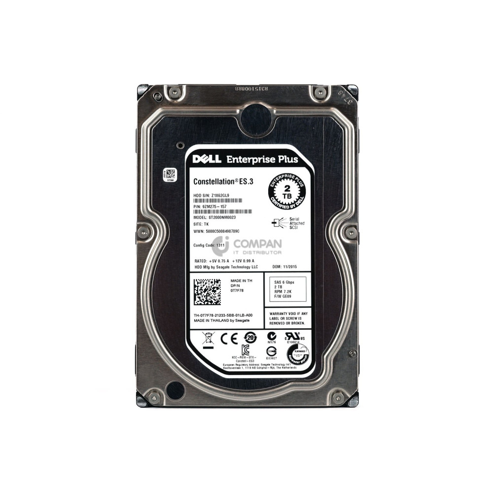 T7F78 DELL HARD DRIVE 2TB 7.2K  6G 3.5 SAS