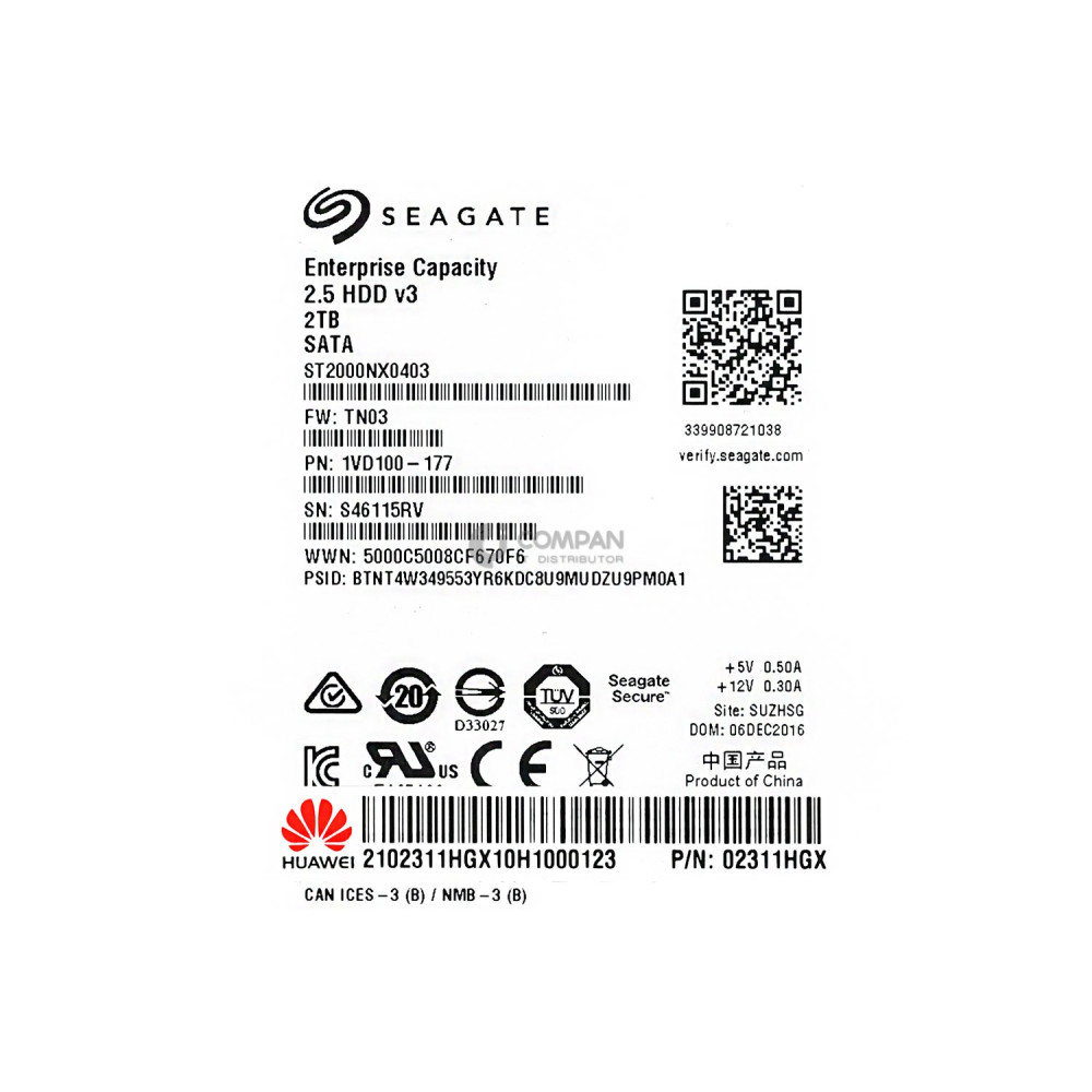 02311HGX HUAWEI HDD 2TB 7.2K SATA 6G 2.5" SFF