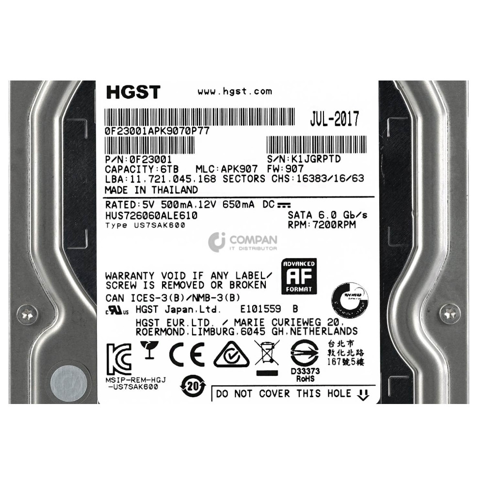 HUS726060ALE610 HITACHI HDD 6TB 7.2K SATA 6G 3.5" LFF