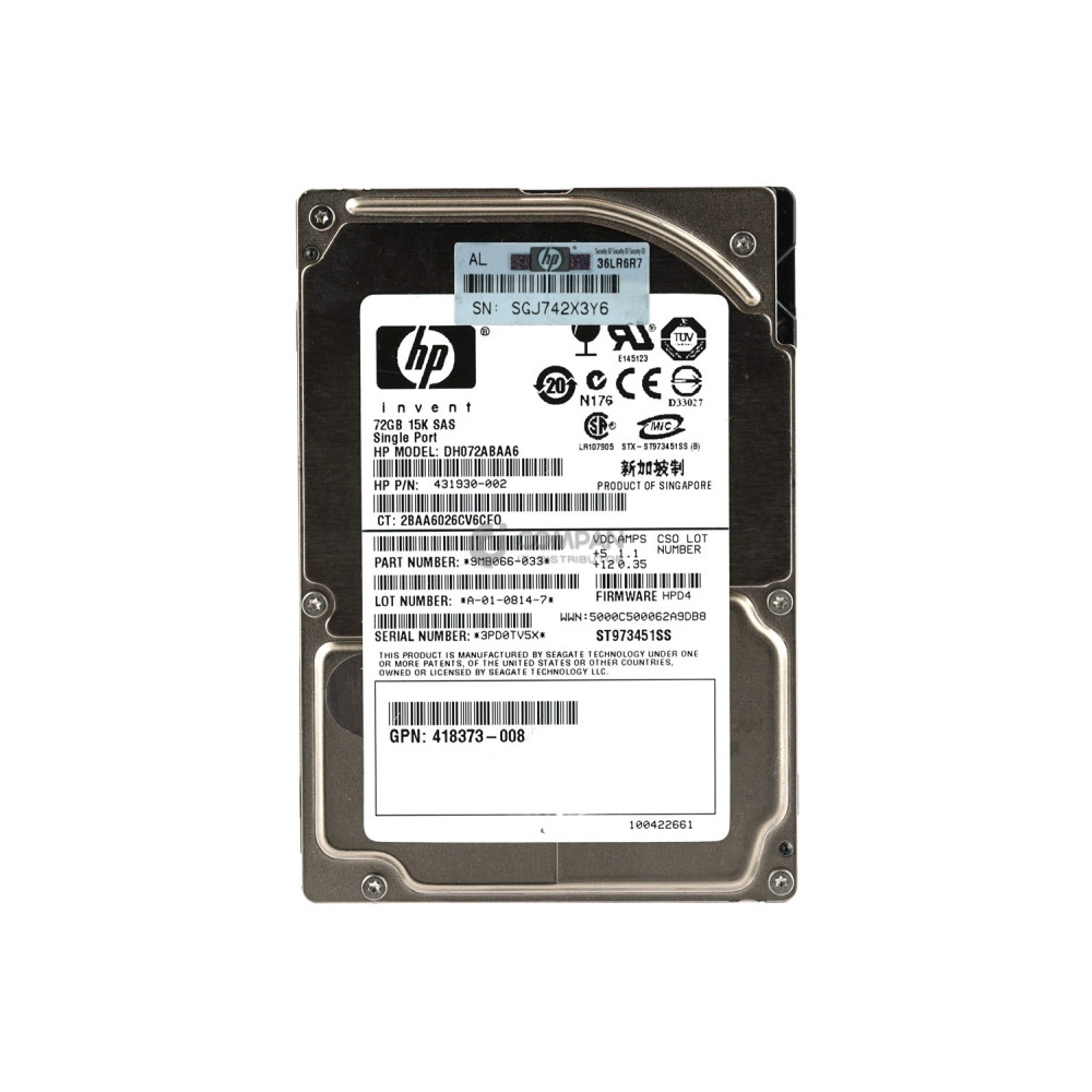 431930-002 HP HARD DRIVE 72GB 15K 2.5 SFF SAS
