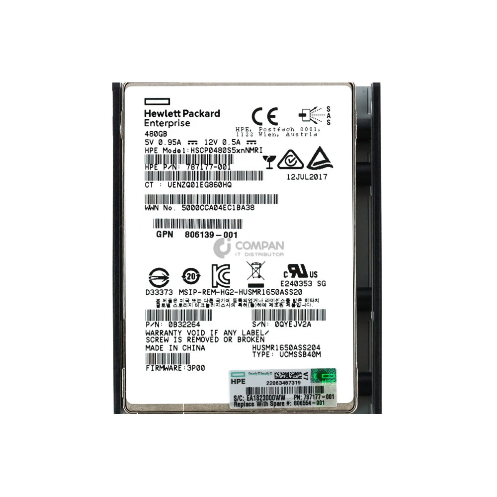 806554-001 HP SSD 480GB SAS 6G 2.5" SFF HOT-SWAP FOR HPE 3PAR STORESERV