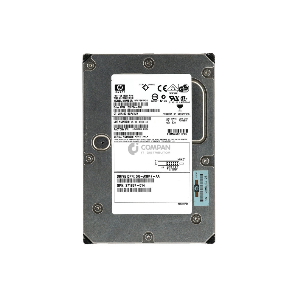 286774-006 HP HDD 72.8GB 15K SCSI U320 3.5" LFF HOT-SWAP