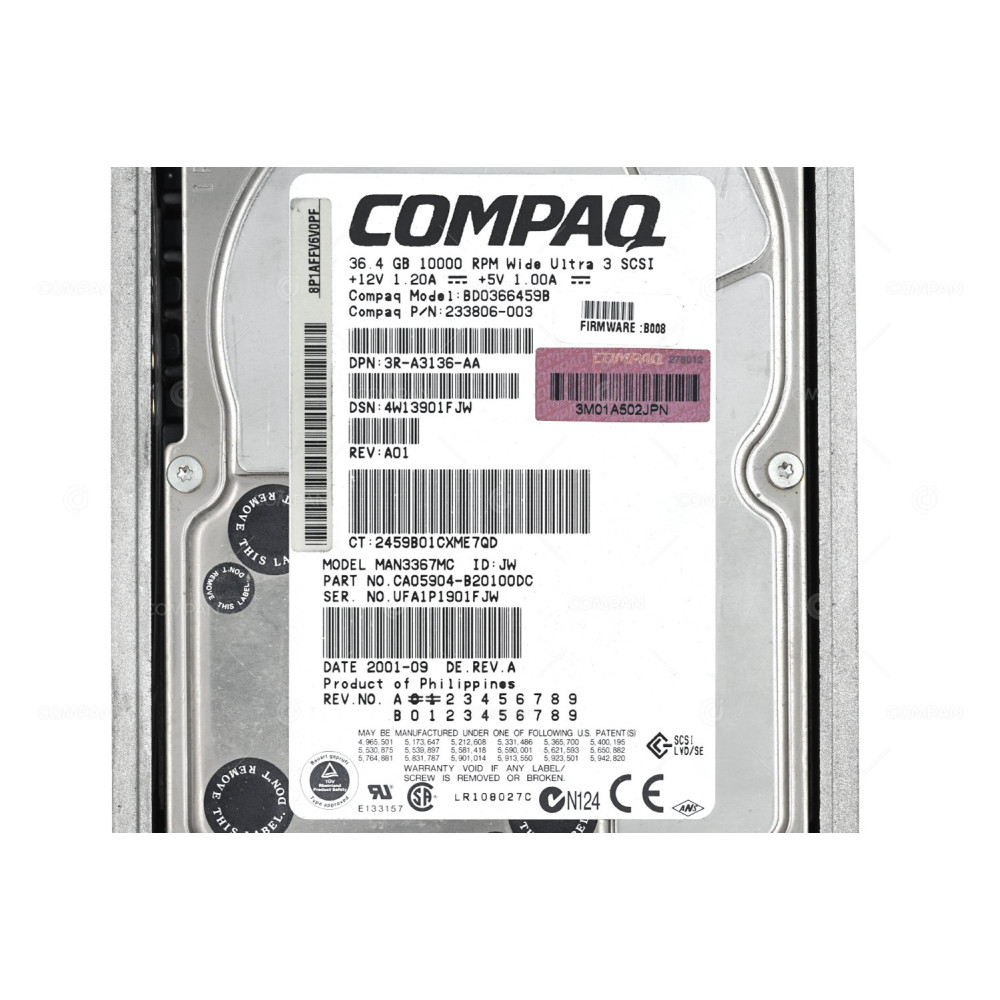 177986-001 HP COMPAQ HDD 36.4GB 10K U160 SCSI 3.5" LFF