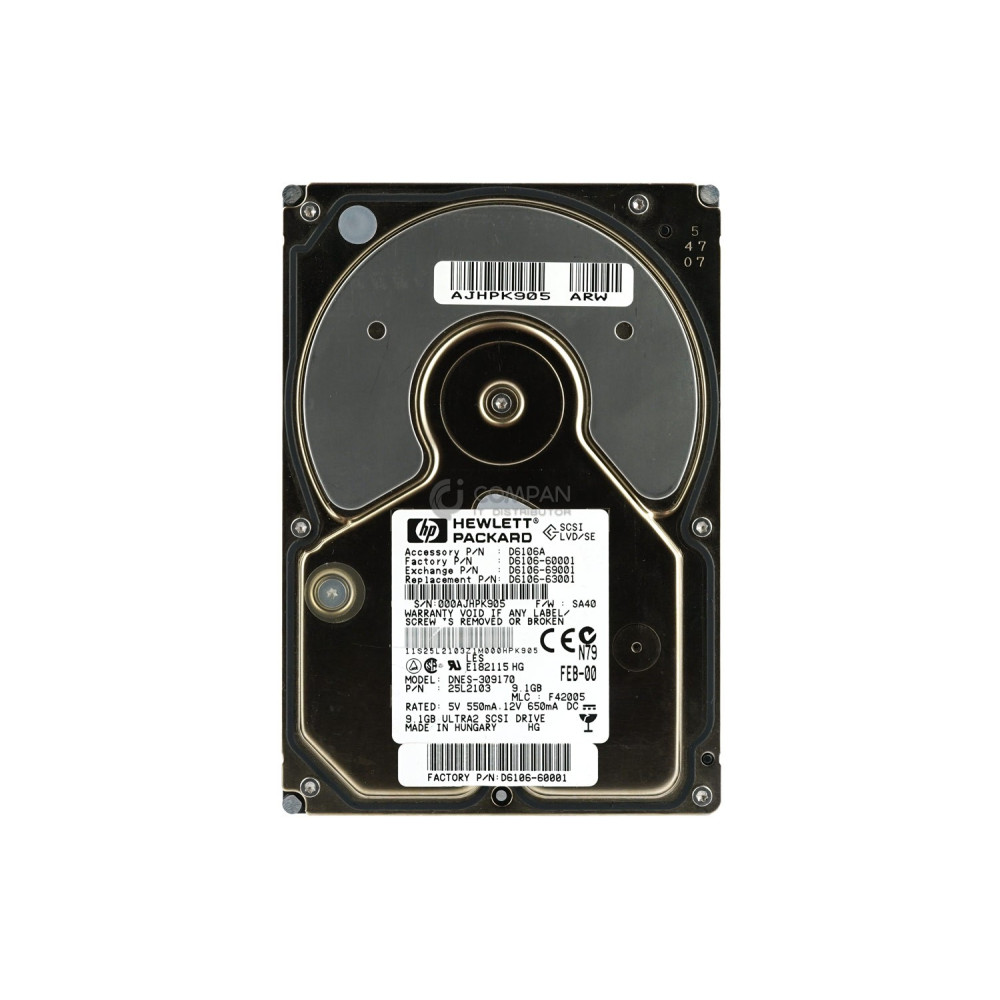 D6106A HP HDD 9.1GB  7.2K  ULTRA2 SCSI  3.5" LFF