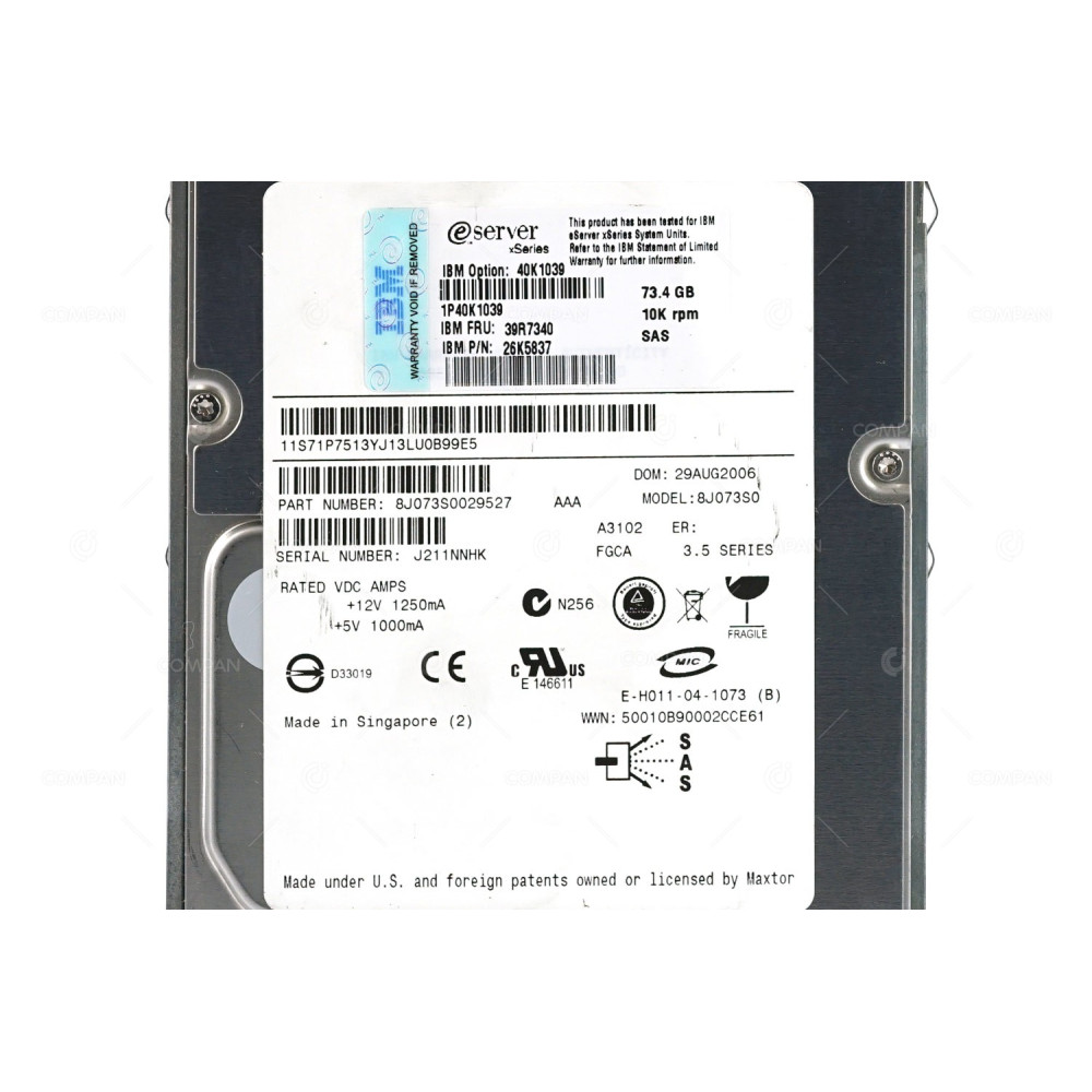 39R7340 IBM HDD 73GB 10K SAS 3G 3.5" LFF HOT-SWAP