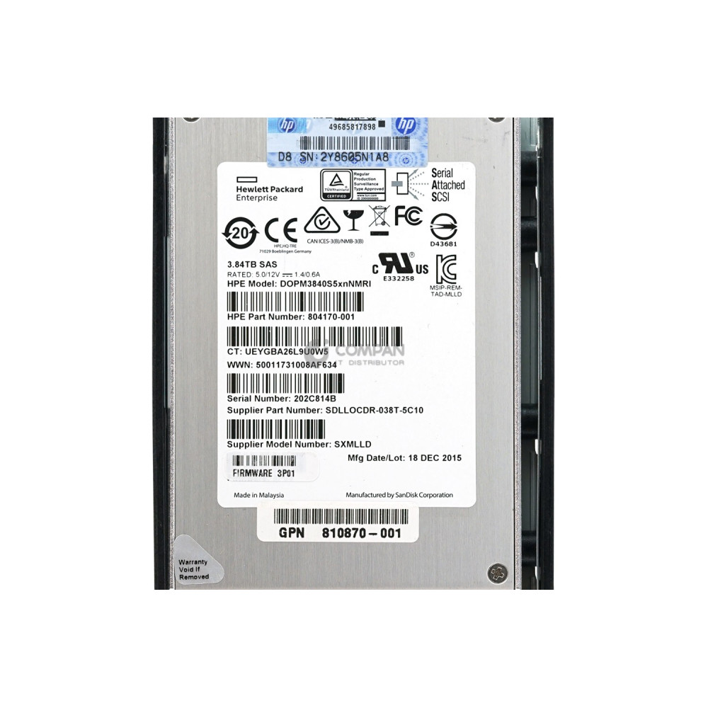 810773-001 HPE SSD 3.84TB SAS 12G 2.5" SFF HOT-SWAP FOR 3PAR 8000 8200