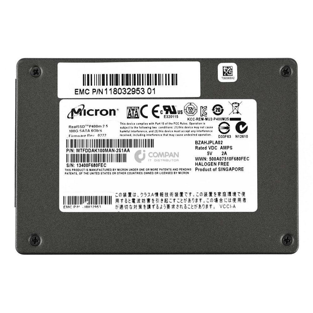 118032953-01 EMC HARD DRIVE 100GB 6G SATA 2.5 SFF REAL SSD P400M MTFDDAK100MAN-2S1AA, MTFDDAK100MAN-1S1AA