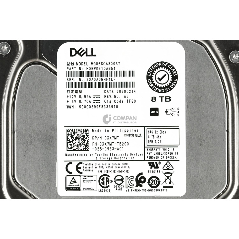 XX7MT DELL HARD DRIVE 8TB 7.2K 12G  4KN 3.5 LFF SAS 0XX7MT