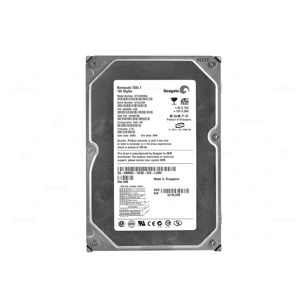 N0803 DELL HARD DRIVE 120GB 7.2K IDE 3.5 LFF ULTRA ATA 0N0803, ST3120026A, 9W2083-032, 100306786