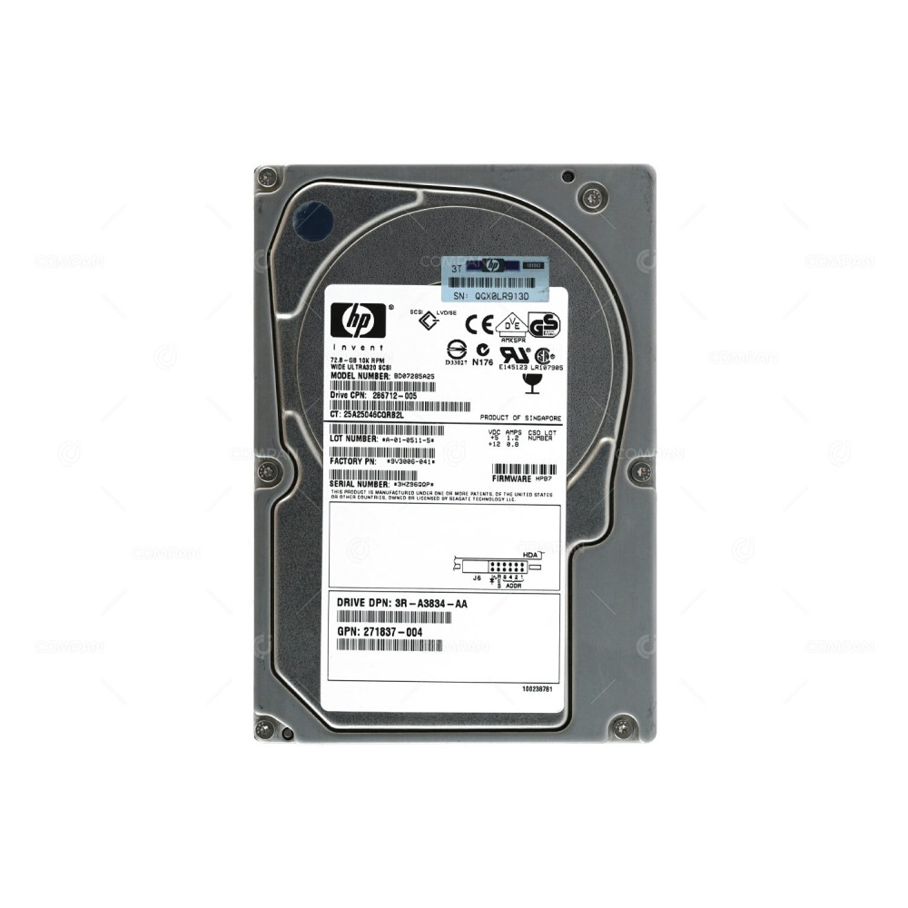 286712-005 HP HARD DRIVE 72.8GB 10K ULTRA 320 SCSI 3.5 LFF BD07285A25, 271837-004