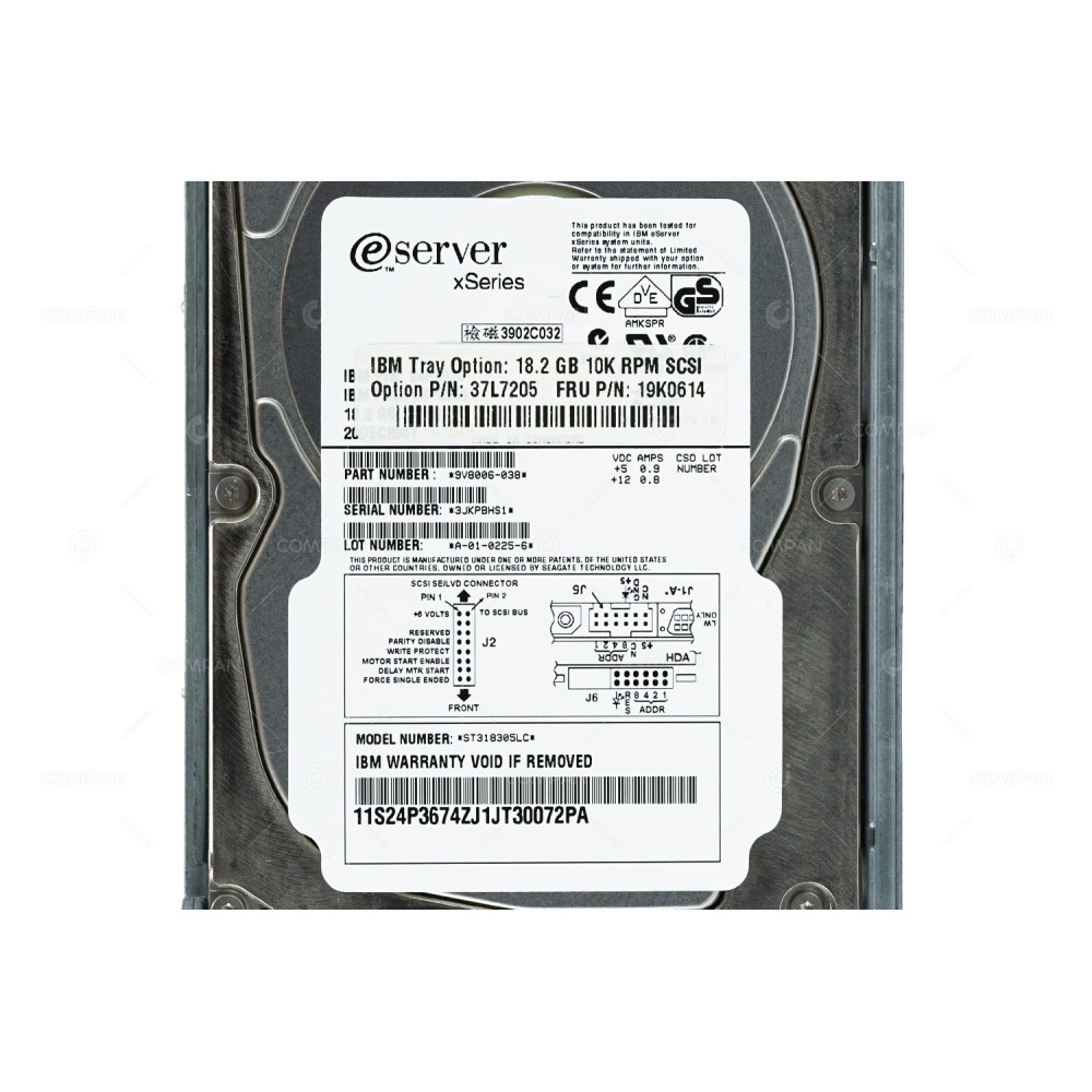 19K0614 IBM HARD DRIVE 18.2GB 10K ULTRA 160 SCSI 80 PIN 3.5 LFF HOT-SWAP 37L7205, 9V8006-038, ST318305LC