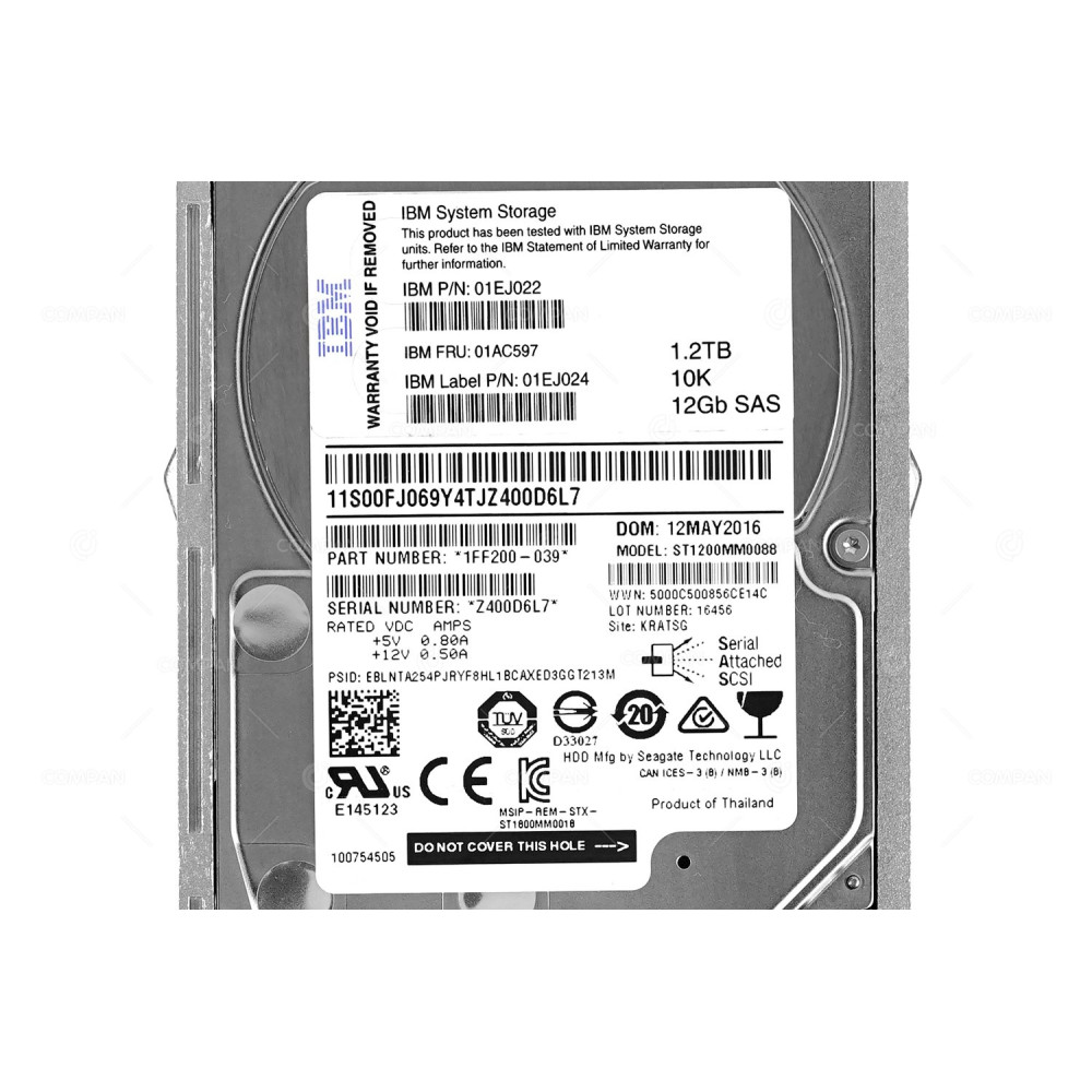 01AC597 IBM HDD 1.2TB 10K SAS 12G 2.5" SFF FOR STORWIZE V5000 G1 G2