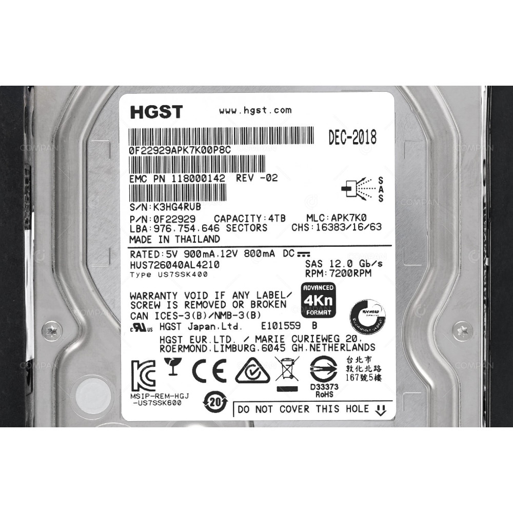 005052435 EMC HDD 4TB 7.2K SAS 6/12G 3.5" LFF FOR UNITY 300 400 500 600
