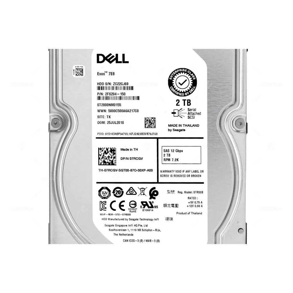 7RCGV-NO-CADDY DELL 2TB 7.2K 12G SAS 3.5 LFF HOT-SWAP 07RCGV