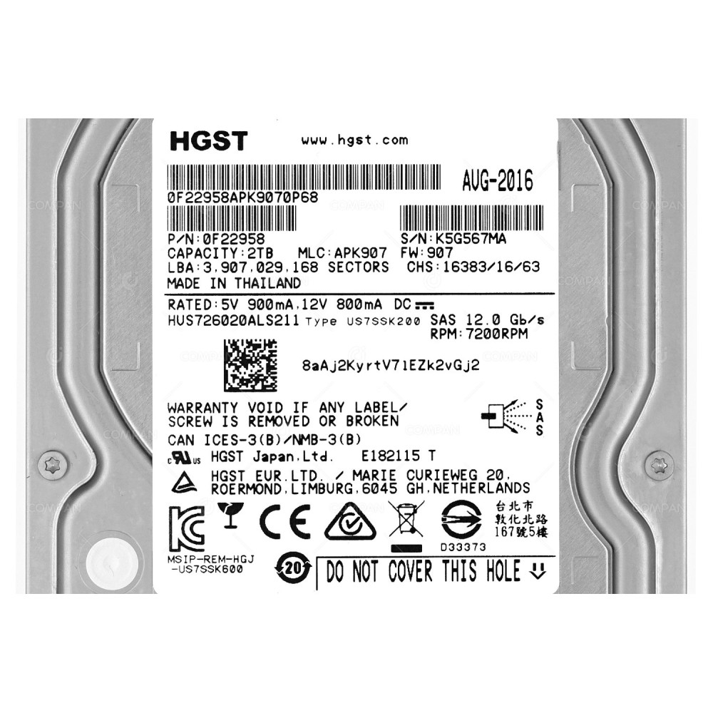 HUS726020ALS211 HITACHI ULTRASTAR 7K6000 HDD 2TB 7.2K SAS 12G 3.5" LFF