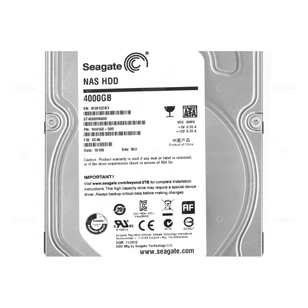 ST4000VN000 SEAGATE HARD DRIVE 4TB 5.9K 6G 3.5 SATA LFF 64MB CACHE 1H4168-505
