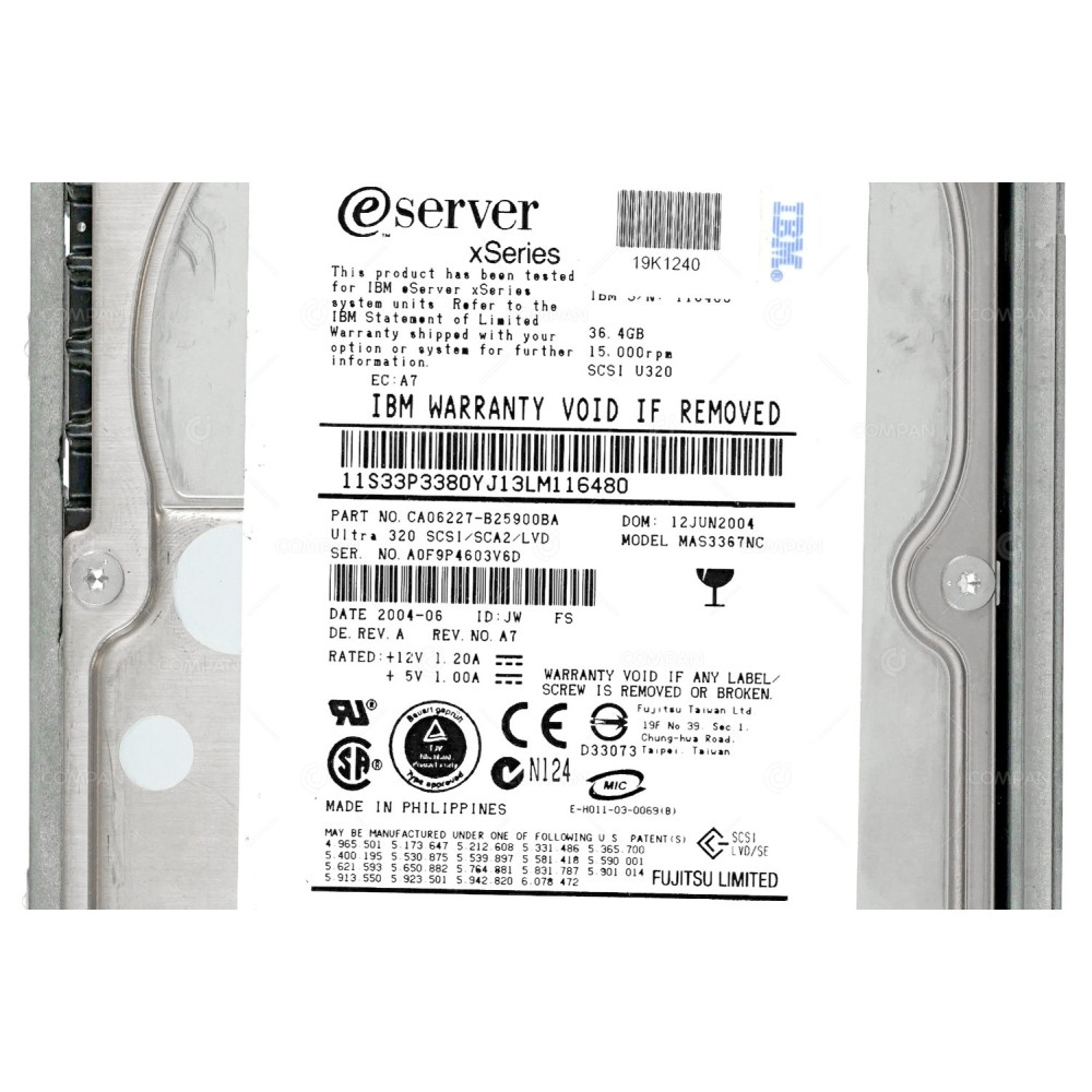 19K1240 IBM HARD DRIVE 36GB 15K ULTRA U320 SCSI 3.5 CA06227