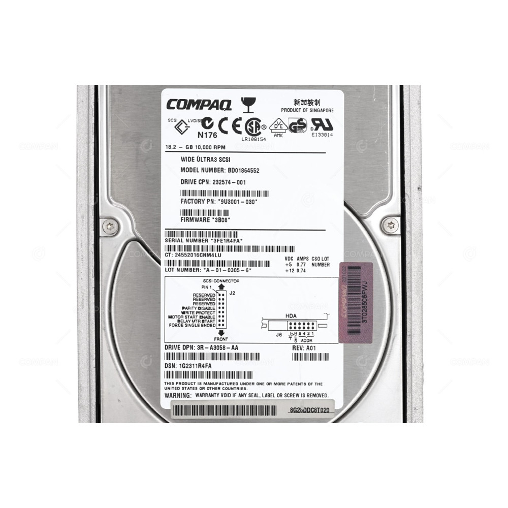232574-001 HP HARD DRIVE 18.2GB 10K U3 SCSI 3.5 LFF HOT-SWAP 142673-B22