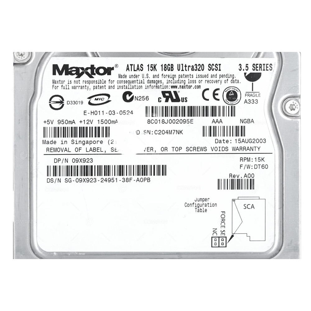 9X923 DELL HARD DRIVE 18GB 15K U320 3.5 SCSI 09X923