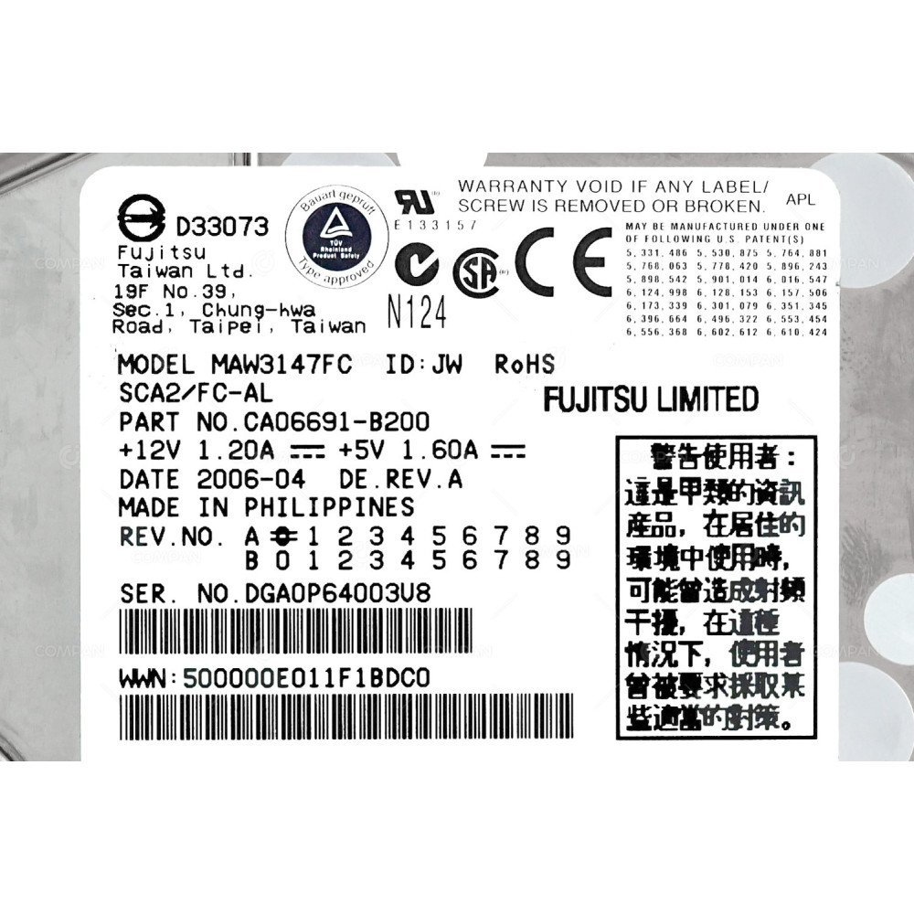 MAW3147FC FUJITSU HARD DRIVE 147GB 10K 2GB FC 3.5 LFF CA006691-B200