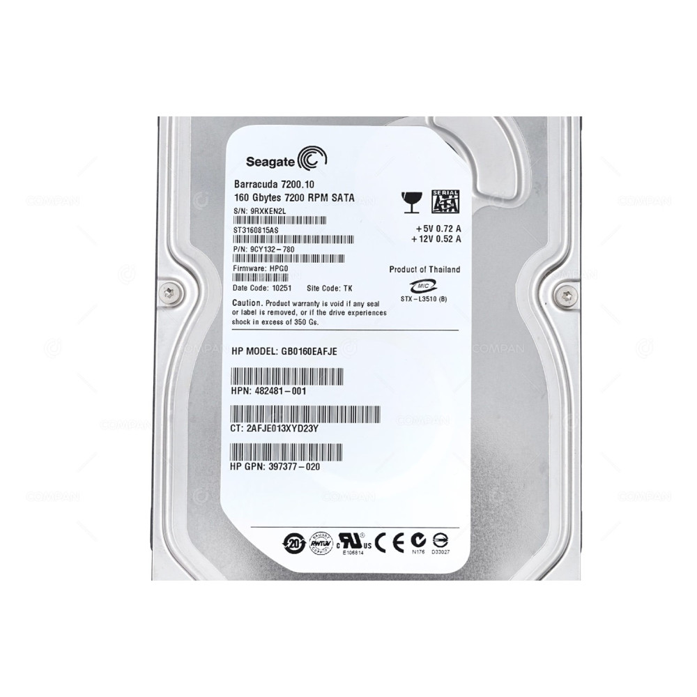 482481-001 HP HDD 160GB 7.2K SATA 3G 3.5" LFF HOT-SWAP