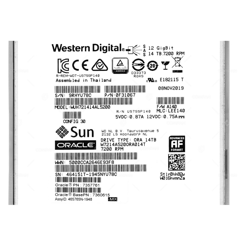 7357761 SUN ORACLE HDD 14TB 7.2K SAS 12G 3.5" LFF FOR SUN FIRE X5-2 X7-2