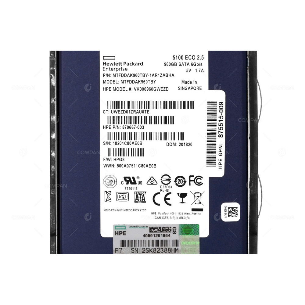 875656-001 HP SSD 960GB SATA 6G DS 2.5" SFF FOR DL380 G8 G9 G10