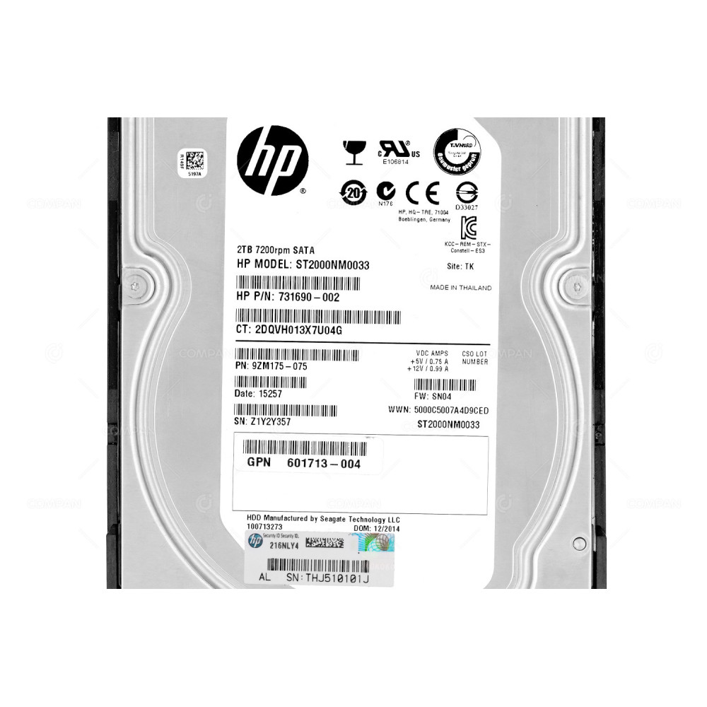 601778-002  HP HDD 2TB 7.2K SATA 3G 3.5" LFF FOR HPE MSA P2000