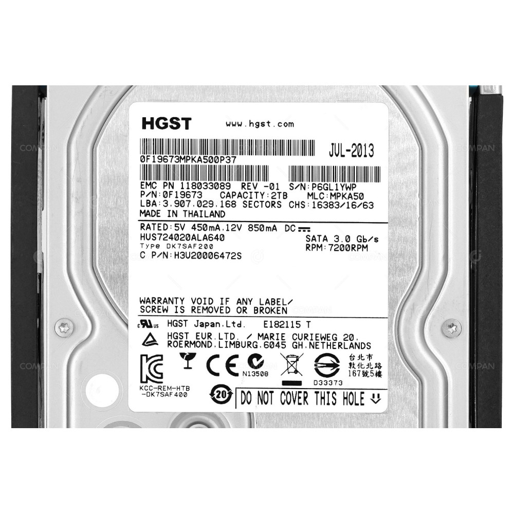 005050474 EMC 2TB 7.2K  3.5 LFF 3G SATA HARD DRIVE 118033089-02, HUS724020LA640, 0F19673