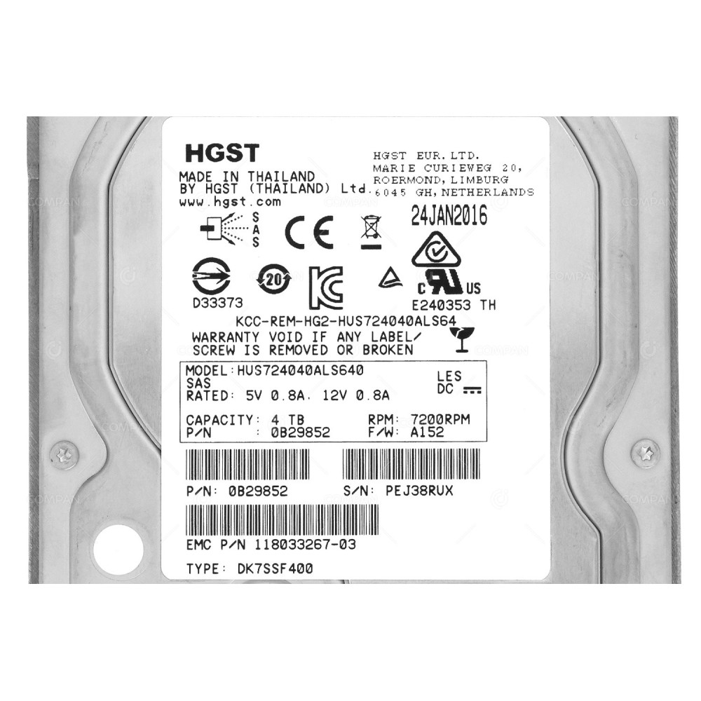 005051701 EMC HARD DRIVE 4TB 7.2K 6G 3.5 LFF SAS FOR DATA DOMAIN 3300 0B29852, 118033267-03, HUS724040ALS640