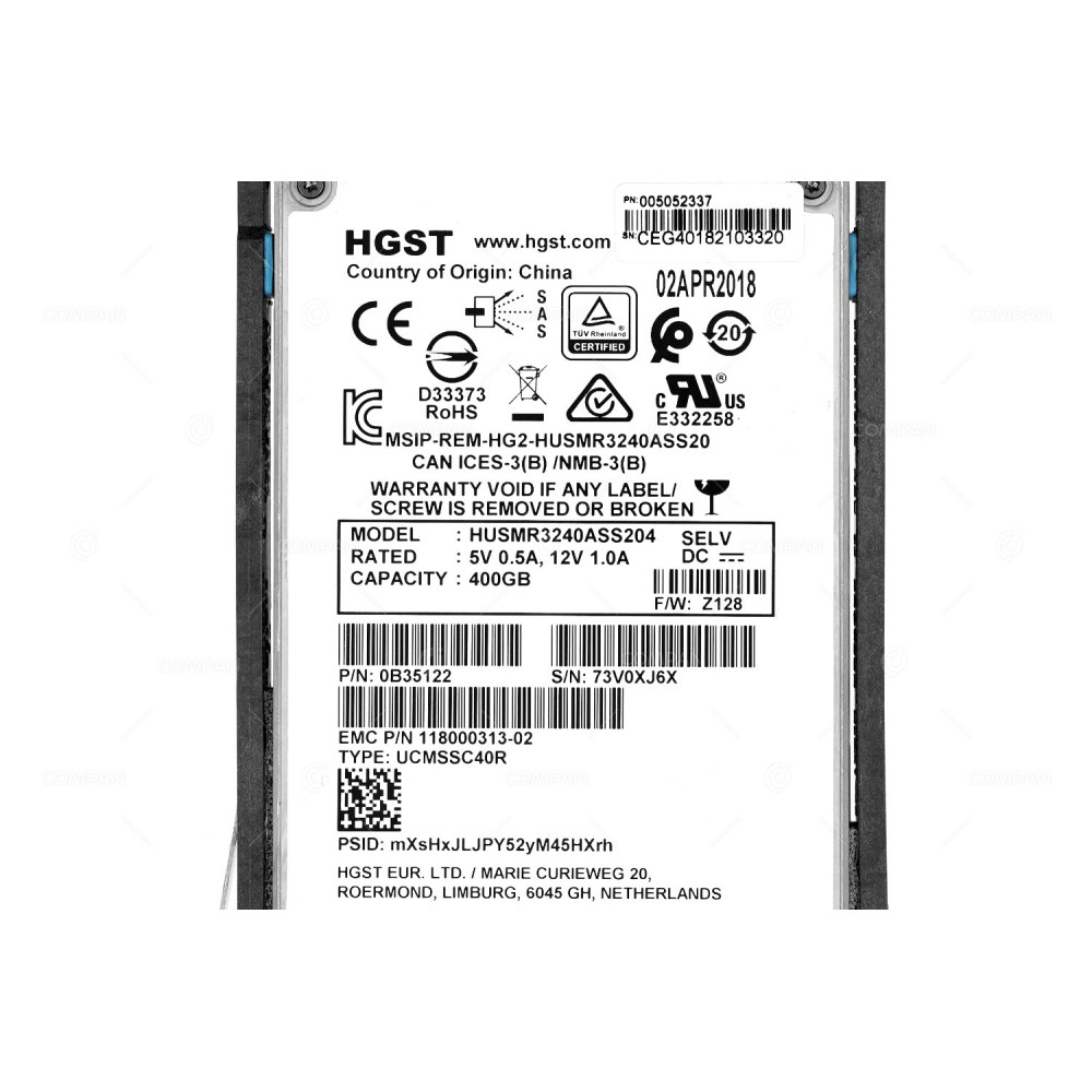 005052337 EMC 400GB 12G SAS 2.5 SFF SSD FOR UNITY DAE 118000313-02, 0B35122,  HUSMR3240ASS204