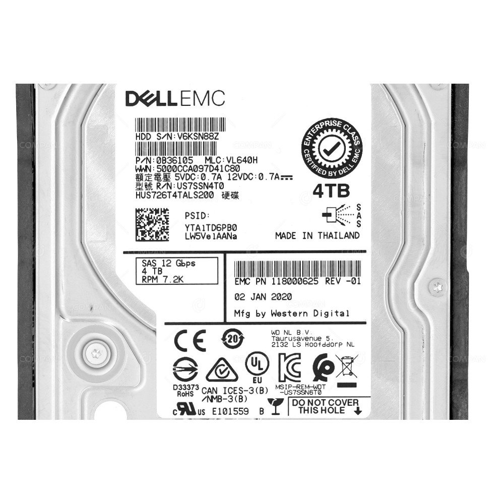 005053106 EMC 3TB 7.2K 12G SAS 3.5 LFF HARD DRIVE 118000625, 0B36105, HUS726T4TALS200
