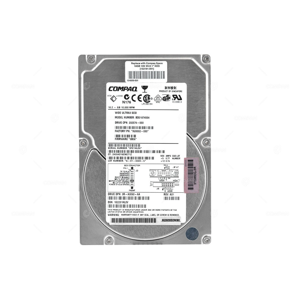 152191-001 HP HARD DRIVE 18.2GB 10K WIDE ULTRA3 SCSI 3.5 LFF 154899-001, 232574-003, 9U3002-030, BD01874554, 3R-A3060-AA