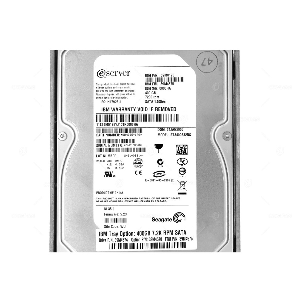 39M4575 IBM HDD 400GB 7.2K SATA 1.5G 3.5" LFF FOR IBM SYSTEM STORAGE DS4000