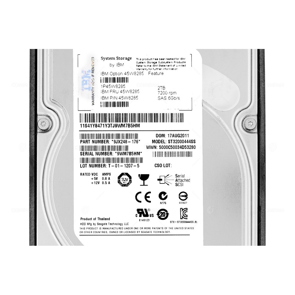 45W8285 IBM XYRATEX HARD DRIVE 2TB 7.2K 6G SAS 3.5 LFF FOR HS-1235T 41Y8471, 9JX248-176, 0954398-04, 0954398-05, ST32000444SS